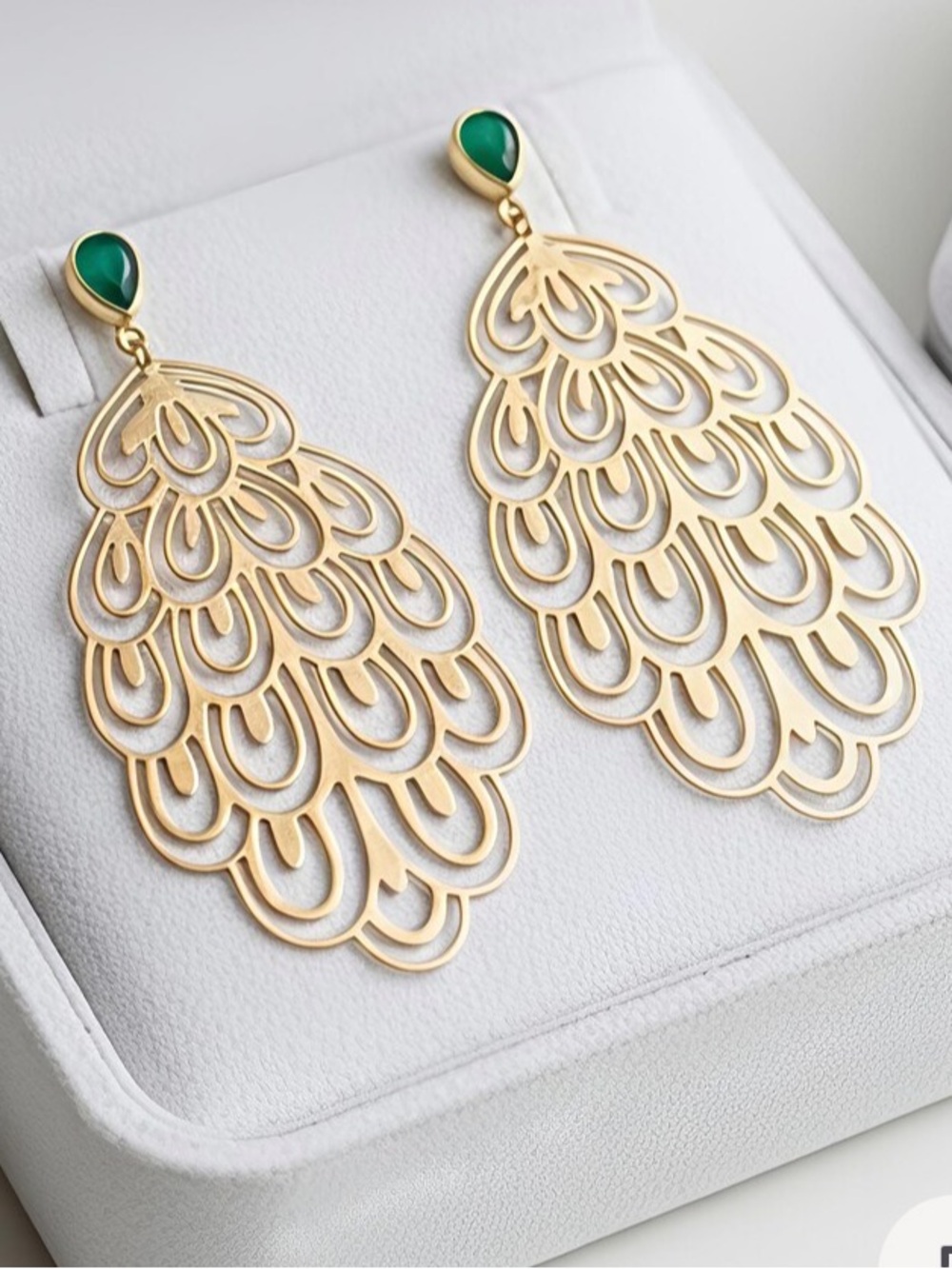 Gold Plated Peacock Filigree Earrings with light Green Stone